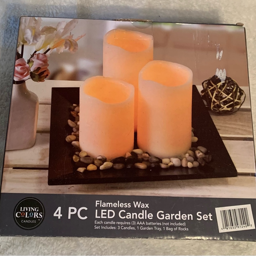 Flameless LED Candle Set. includes 3 candles, garden tray, bag of rocks.